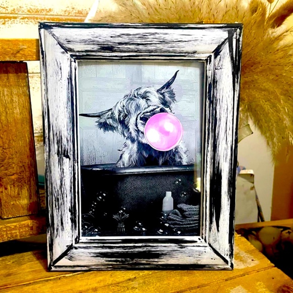 Handcrafted Other - Rustic Highland Cow In Bathtub Framed Art 9x7 NEW